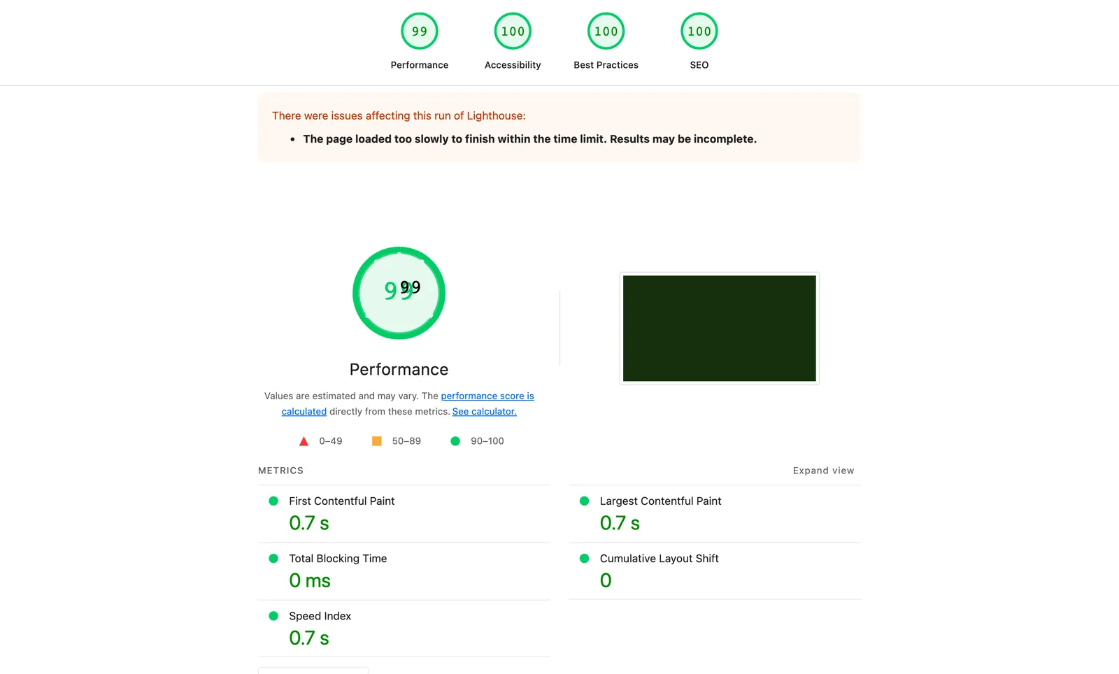 Het Lighthouse-rapport van naltex.nl op desktop: performance 99, toegankelijkheid 100, best practices 100, SEO 100