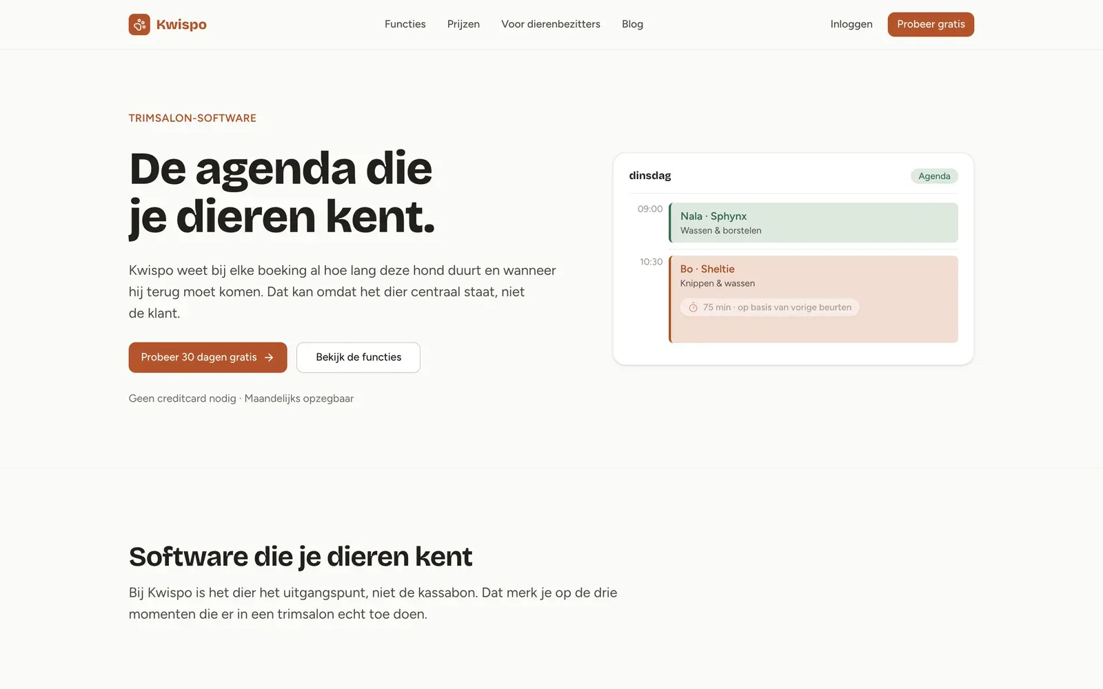 De homepage van Kwispo, ons SaaS-platform voor trimsalons.