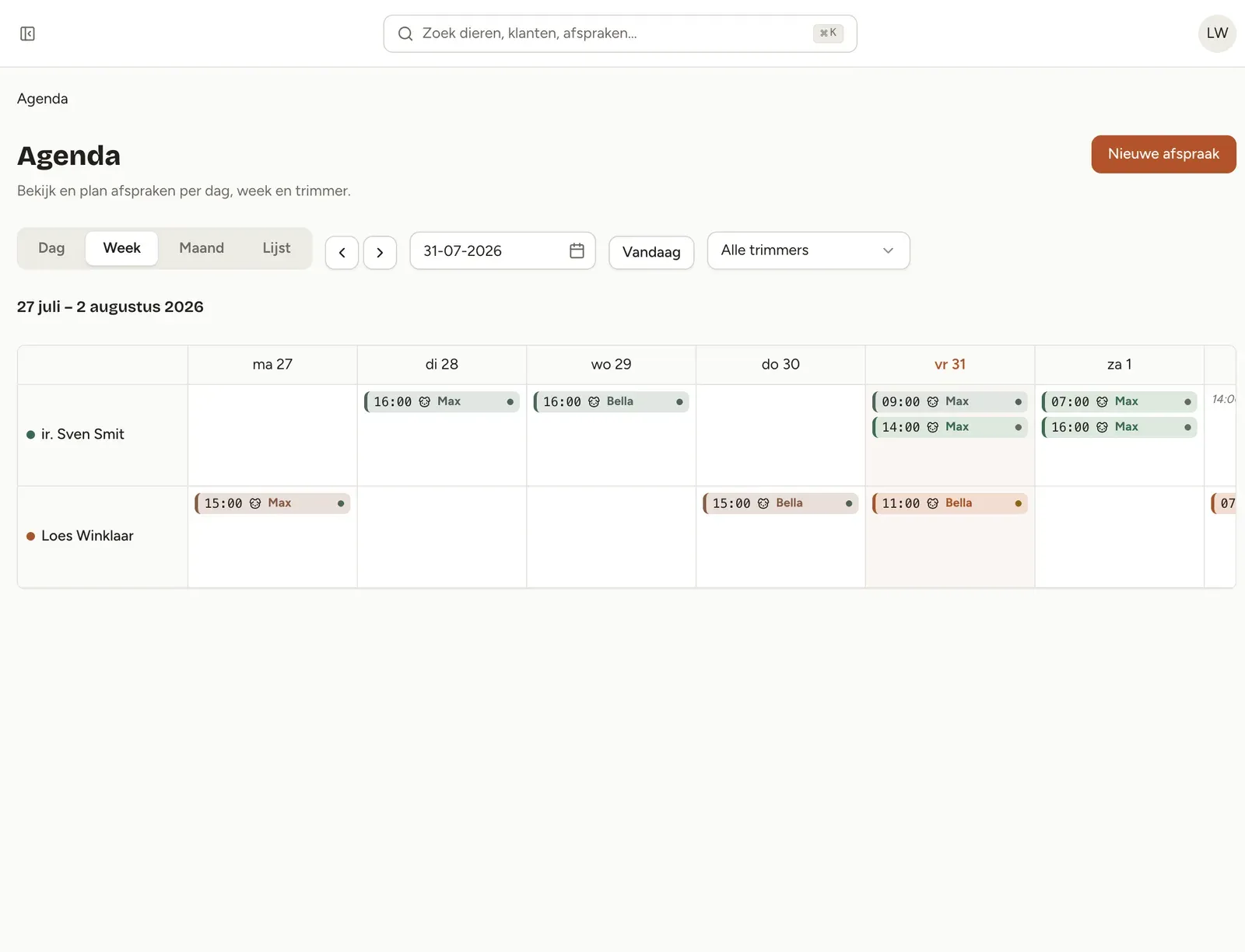 De weekagenda van Kwispo, ons SaaS-platform voor trimsalons.